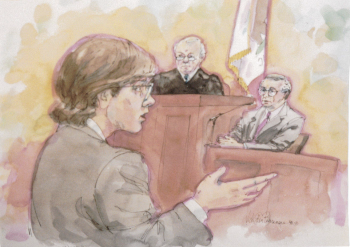 A courtroom sketch depicting Marc in action.